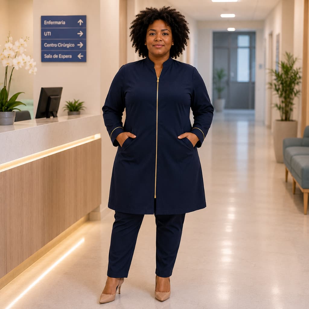 Jaleco Feminino Plus Size Azul Marinho Gabardine com Elastano Acinturado Gola Padre Zíper e Punho