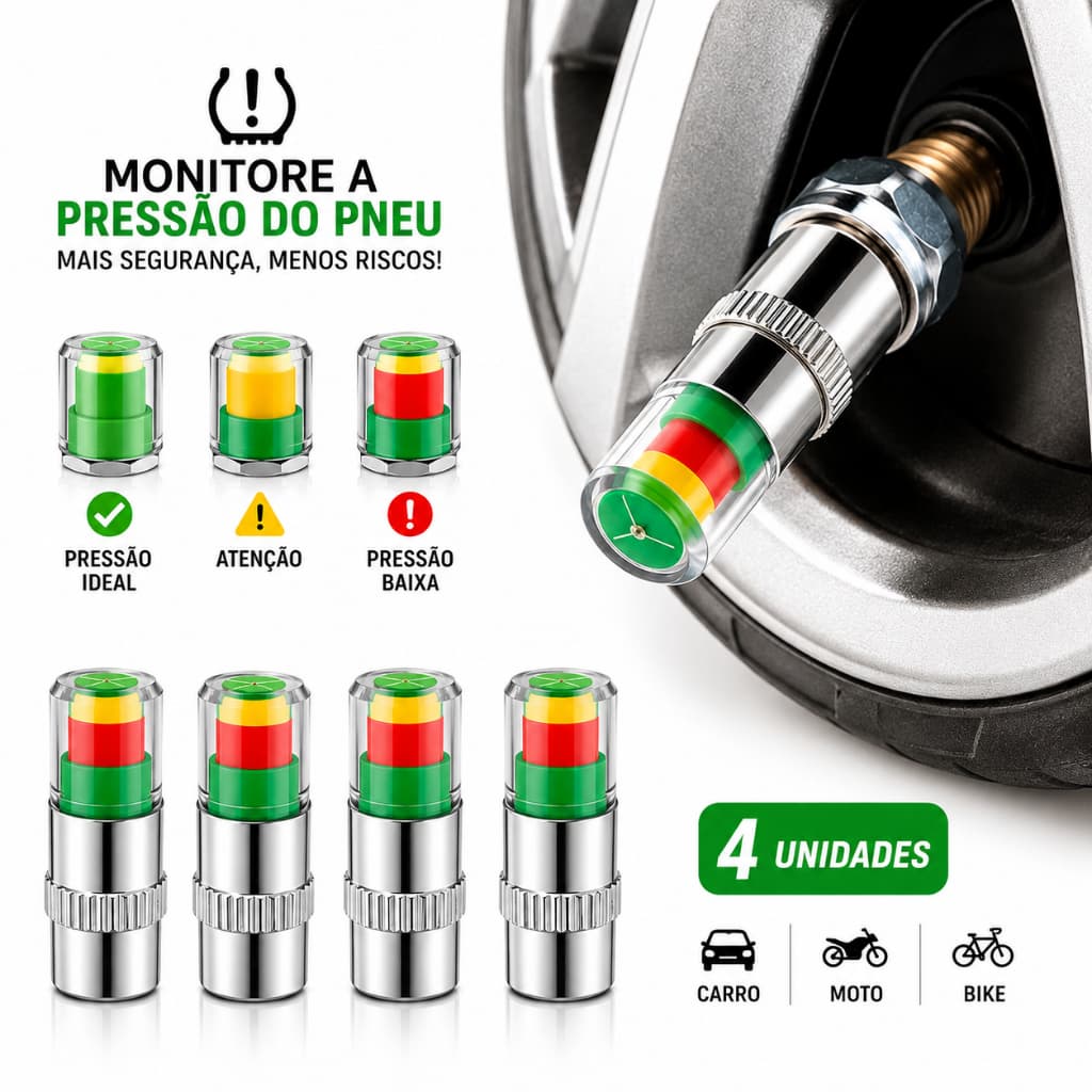 Kit 4 Sensor Indicador Pressão Pneu Válvula Universal Carro Moto