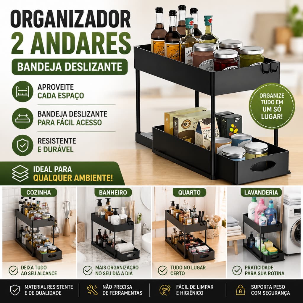 Organizador Multiuso Banheiro, Cozinha e Lavanderia 2 Andares Bandeja Deslizante | Preto e Branco
