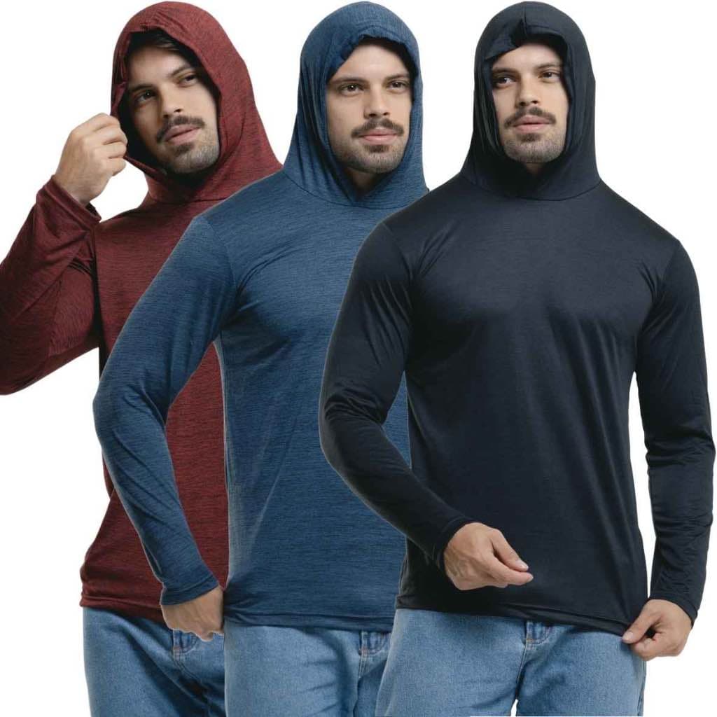 Kit 3 Camisa Dry fit Manga Longa Esportiva com Capuz Masculina Proteção Uv Touca Academia Treino Corrida Pescar