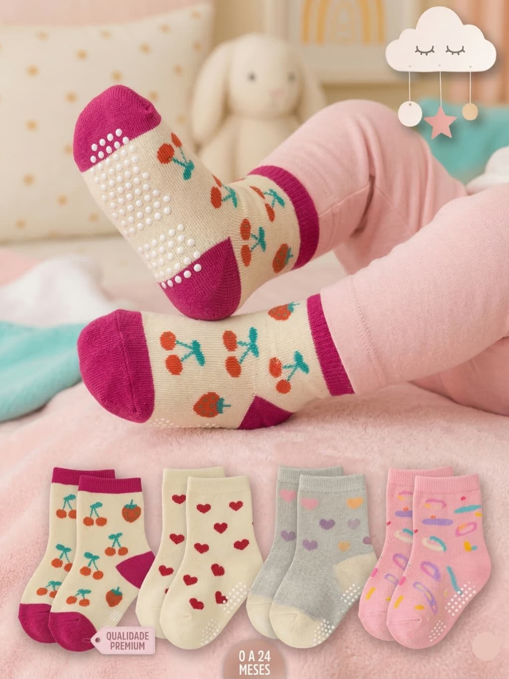 12 Pares Meia Bebê Rn Menina Antiderrapante Algodão 0 A 24 Meses 0 a 2 Anos