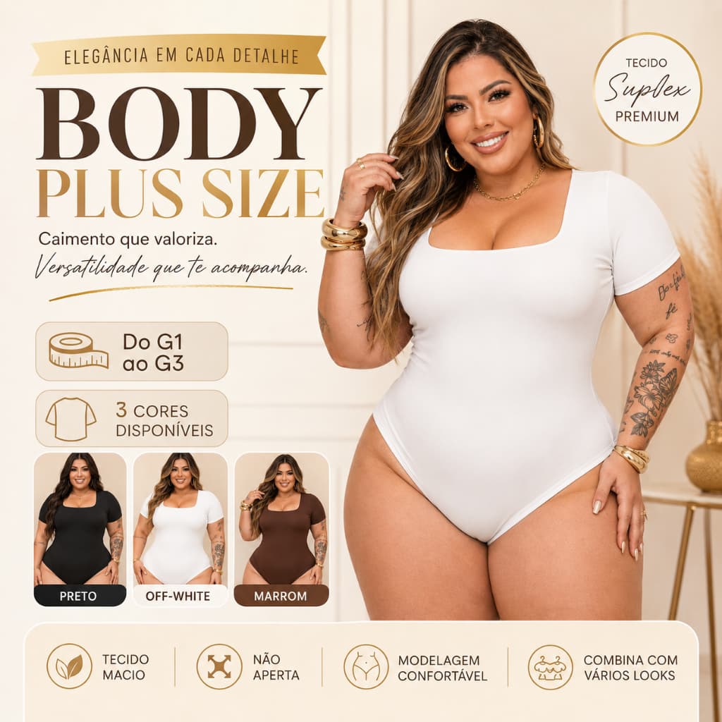 Body Plus Size Suplex Manga Curta Modelador Empina Bumbum Decote Quadrado Casual Feminino G1 G2 G3