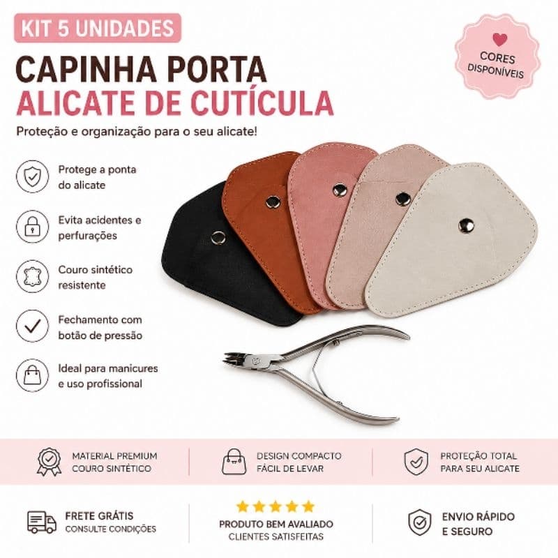 kit de 5 capinhas ,porta alicates de cuticula em couro sintético , protetor para alicate manicure pedicure