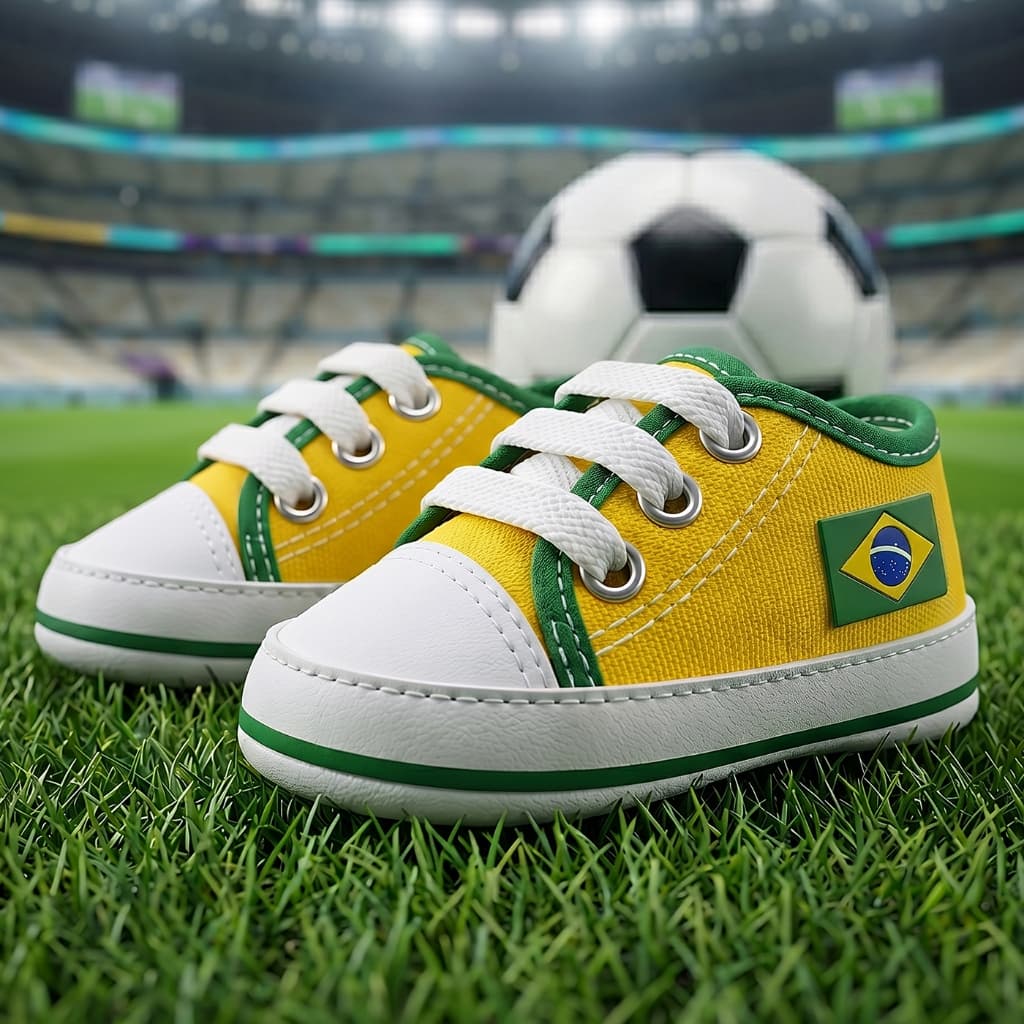 Sapatinho de Bebê Recém Nascido Copa do Mundo de Futebol Patriota Verde e Amarelo - Promoção