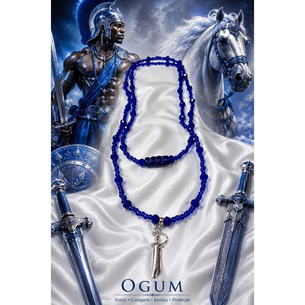 GUIA DE OGÚM /GUIA DE PROTEÇÃO / FIO DE CONTAS DE MIÇANGAS COM CRISTAL AZUL ESCURO DE UMBANDA E CANDOMBLÉ
