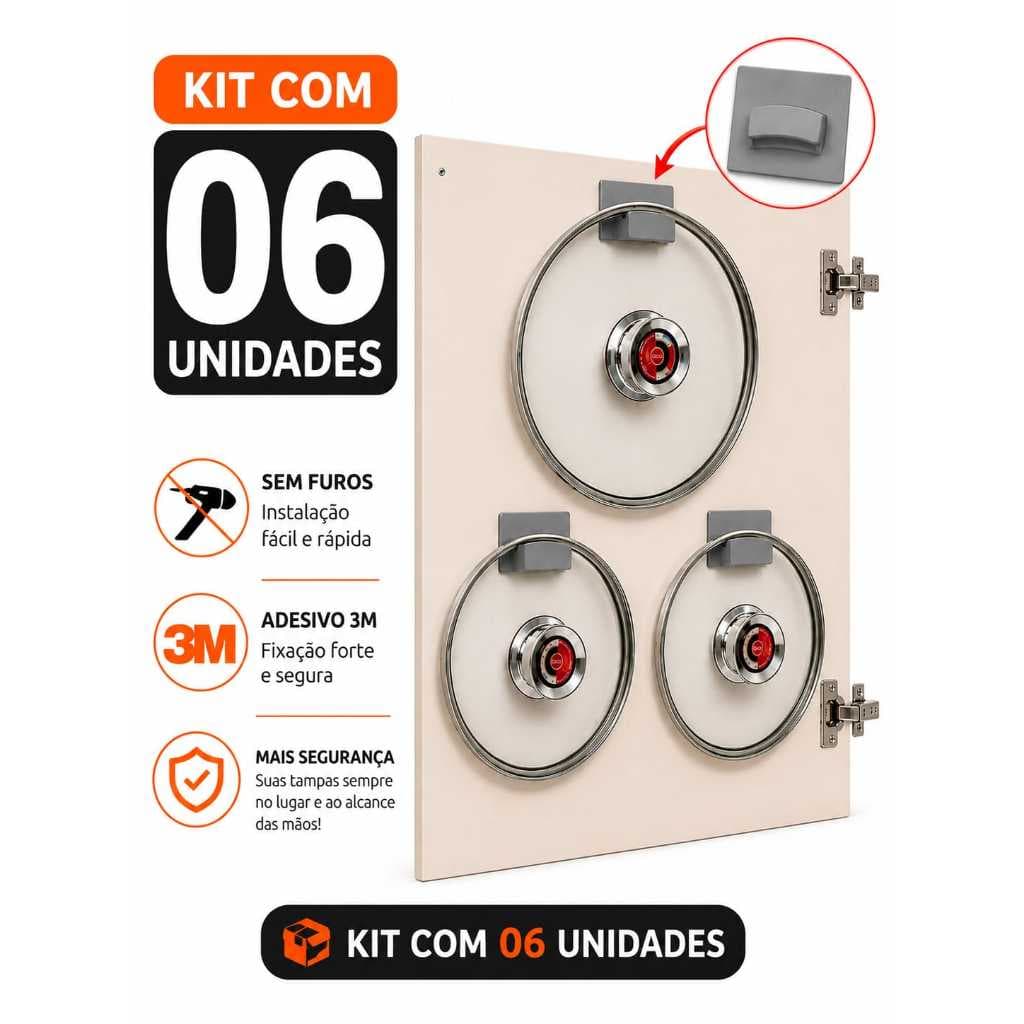 Suporte Organizador Tampas de Panela Adesivo 3 M-Kit 06 Un.