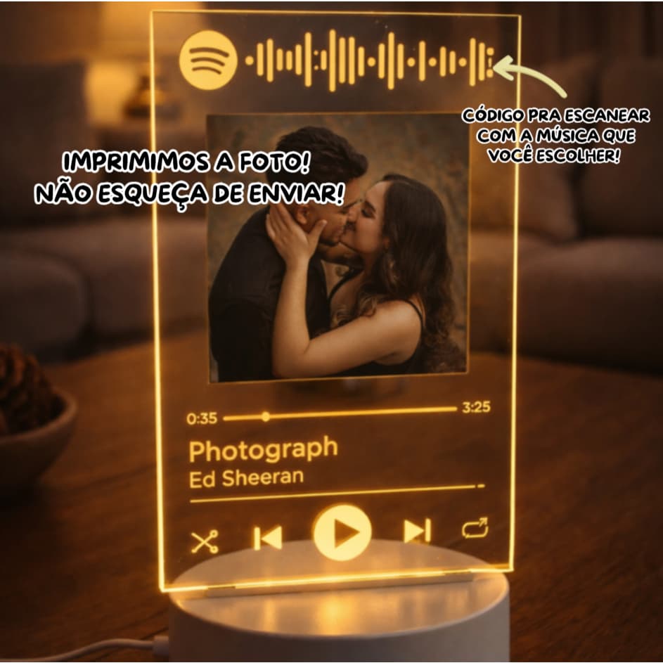 Luminária Personalizada 3D FOTO + MÚSICA Spotify - Presente para NAMORADOS, MAMÃE ou pro PAPAI!