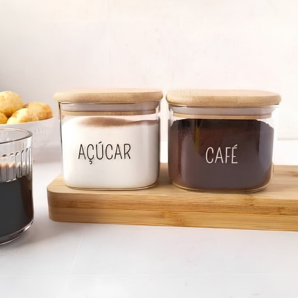 Kit 2 Potes Herméticos Vidro Quadrado Personalizado Resistente 600ml Com Tampa de Bambu Café Açúcar