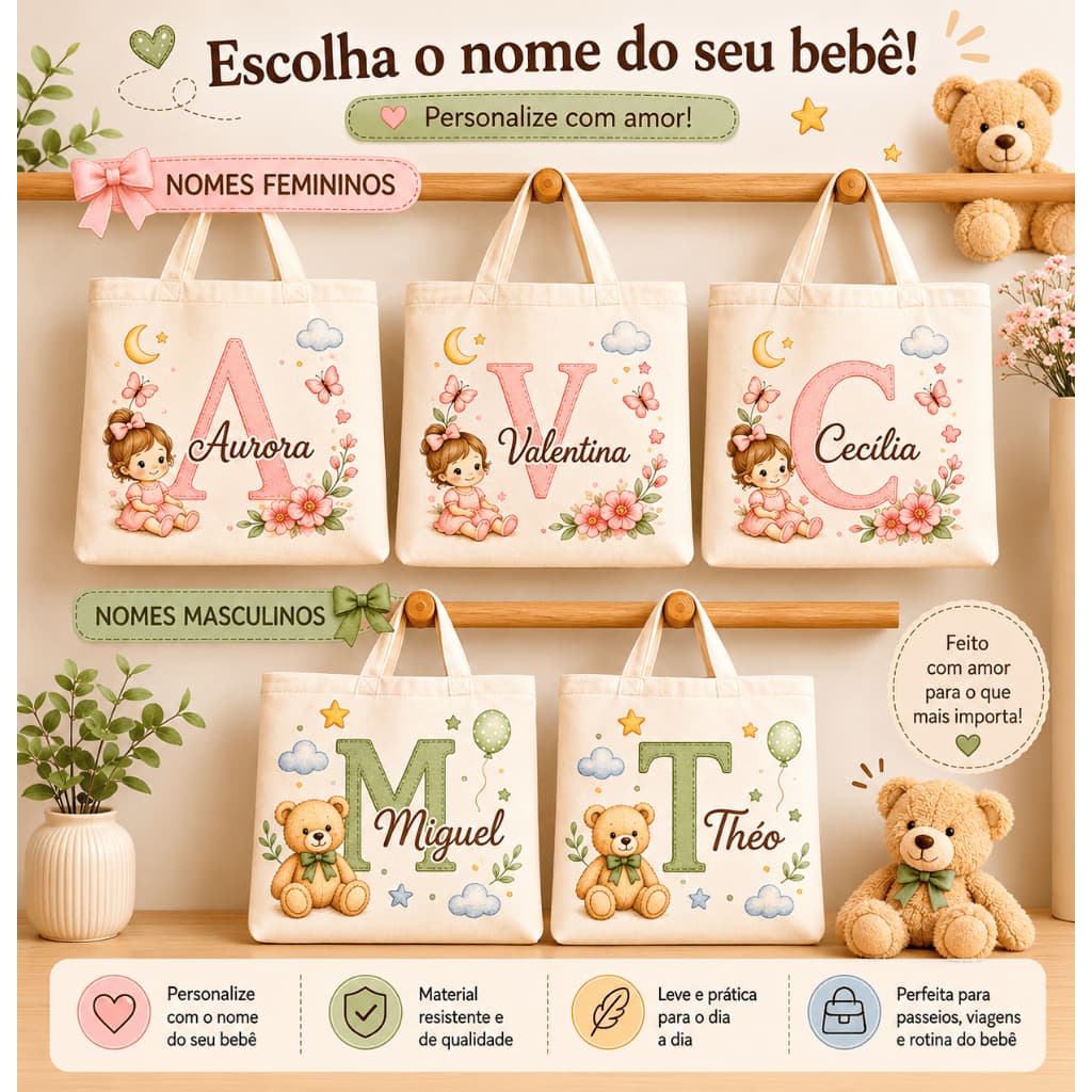 Sacola Ecobag Personalizada Nomes Inicial Bebês Menino Menina