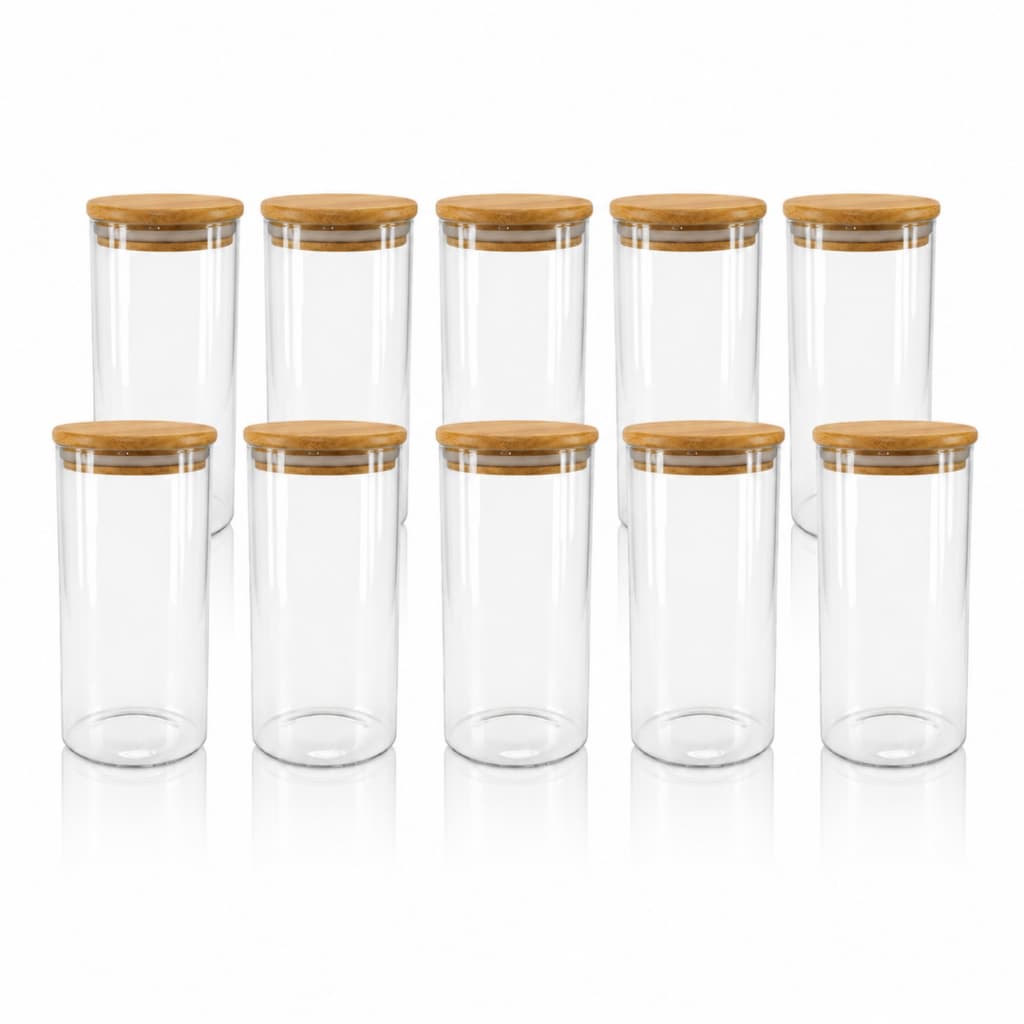 Kit Potes De Vidro Hermético 950ml Porta Condimentos Tampa Bambu Açucar