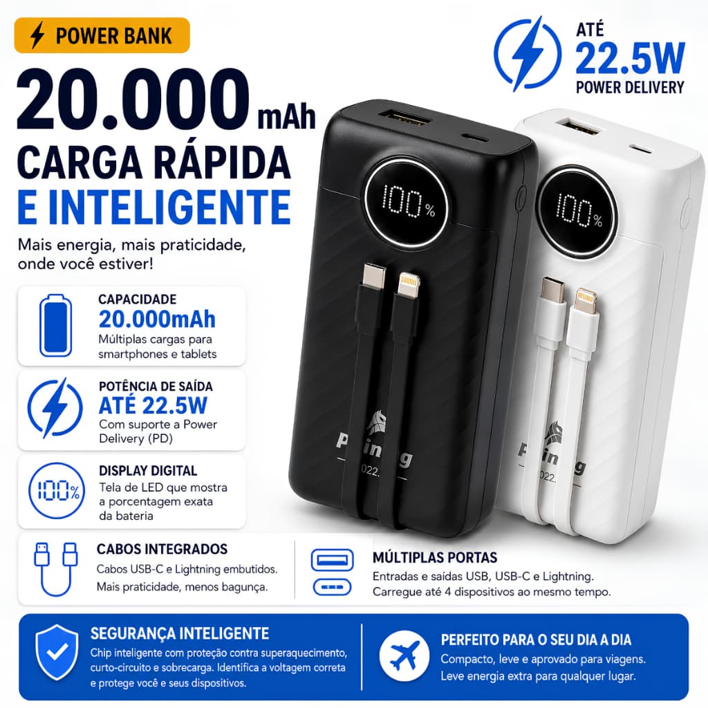 Power Bank Portátil Bateria 20000mah 22.5w Turbo Com Display