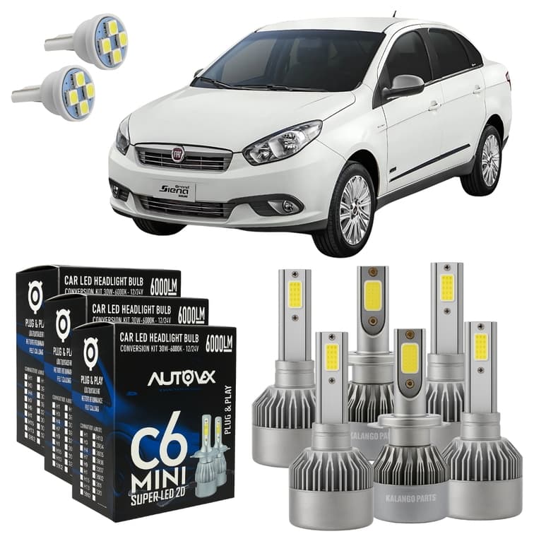 Kit Lâmpadas Super Led Fiat Grand Siena Farol Alto Baixo Milha + Pingo T10 - Lâmpadas de Led