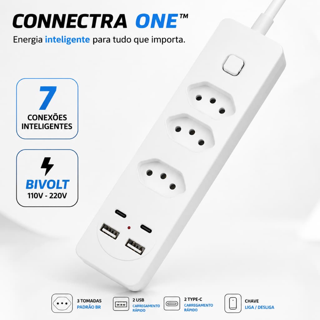 Régua de Tomadas 3 Entradas + 2 USB + 2 Type-C Bivolt Filtro de Linha Connectra One