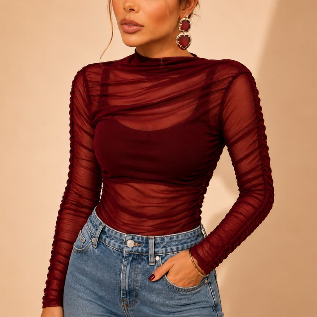 Body Tule Feminino Manga Longa Gola Alta Franzido Festa Balada Dia dos Namorados