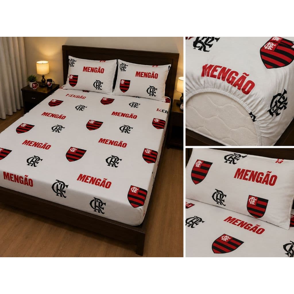Jogo de Lençol Futebol Casal e Queen com Elástico + 2 Fronhas Malha Premium – Roupa de Cama Estampada Confortável