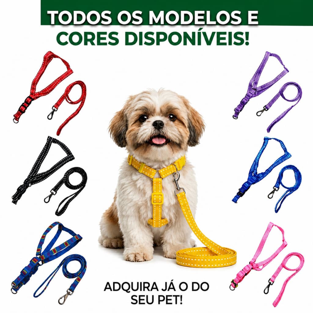 Peitoral com Guia para Cachorro Pequeno e Médio Ajustável Nylon Cores Variadas