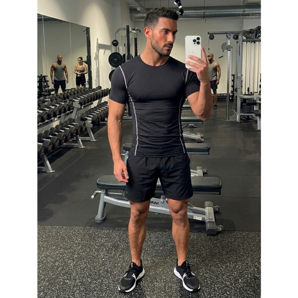 Conjunto Academia Masculino Camiseta de Compressão + Bermuda com Bolsos para Treino Musculação