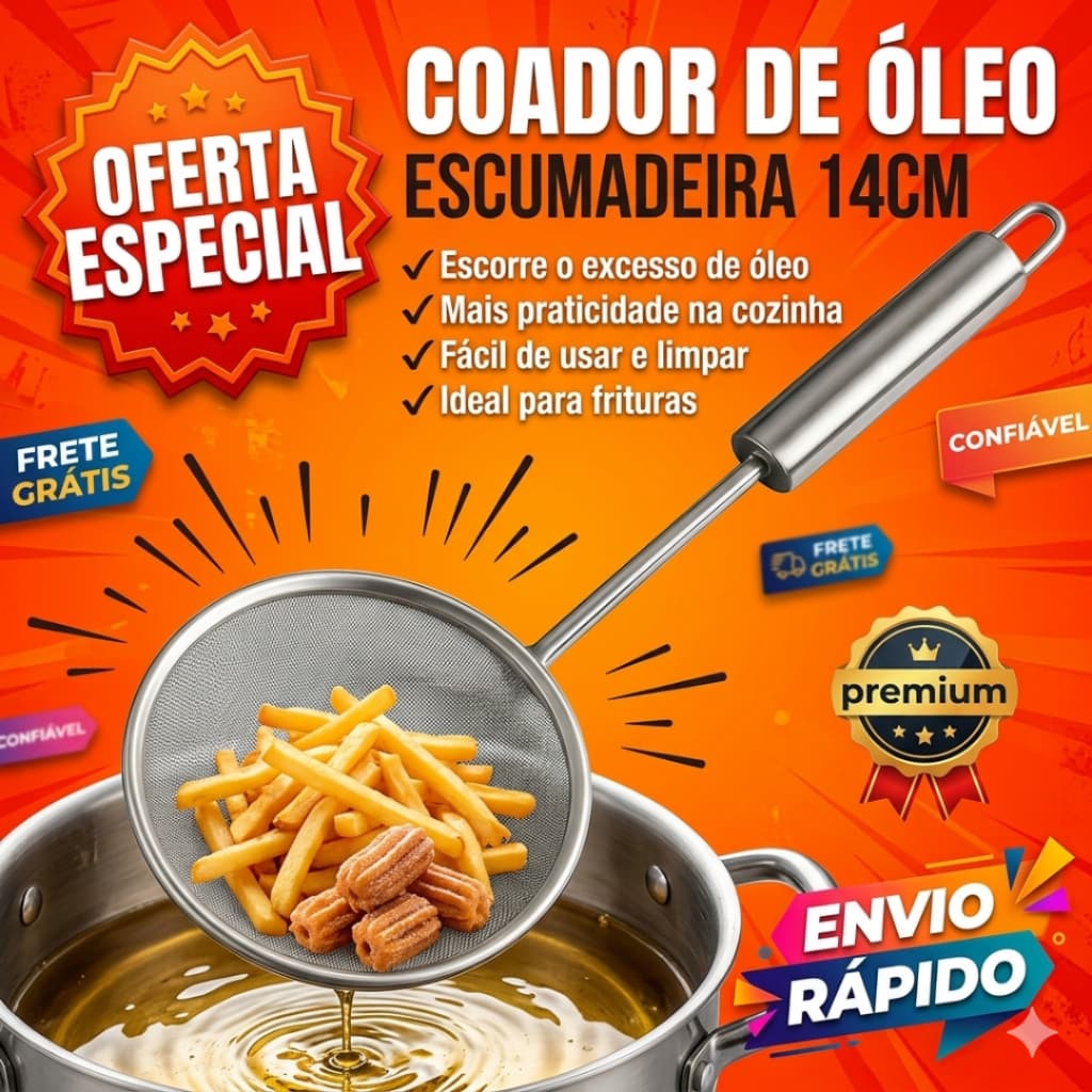 Escumadeira Coador de Óleo 14cm Escorredor para Fritura Colher Vazada Utensílio de Cozinha