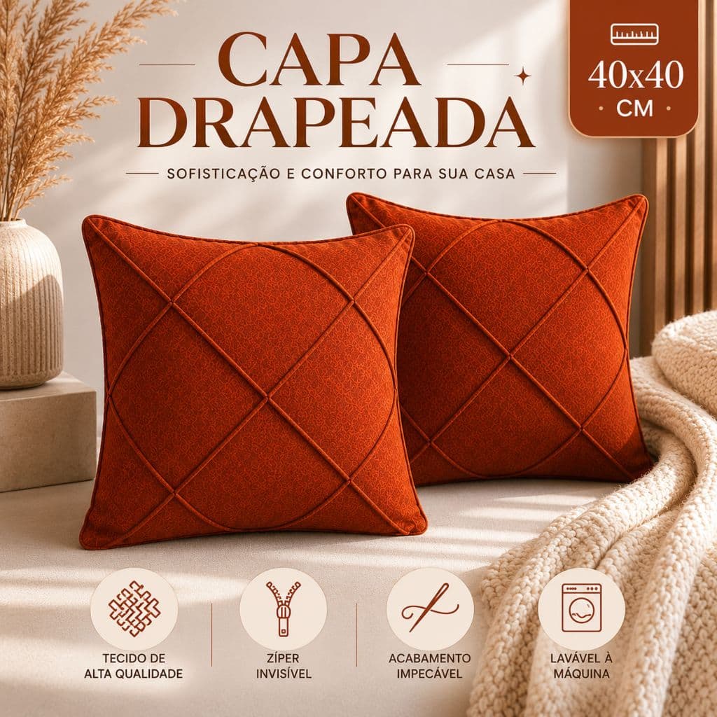 Kit 2 Capas De Almofadas Drapeada Premium 40x40 Zíper Invisível Moderna Lavável Envio Imediato