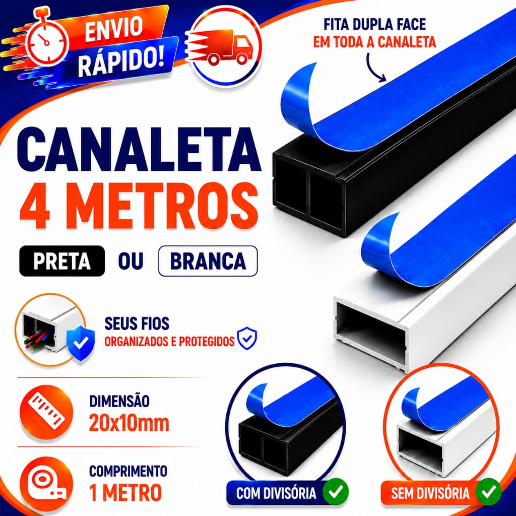 4 Metros Canaleta Organizador de Fios Preta Branca 20x10mm Sistema X Com Fita Adesiva e Divisoria