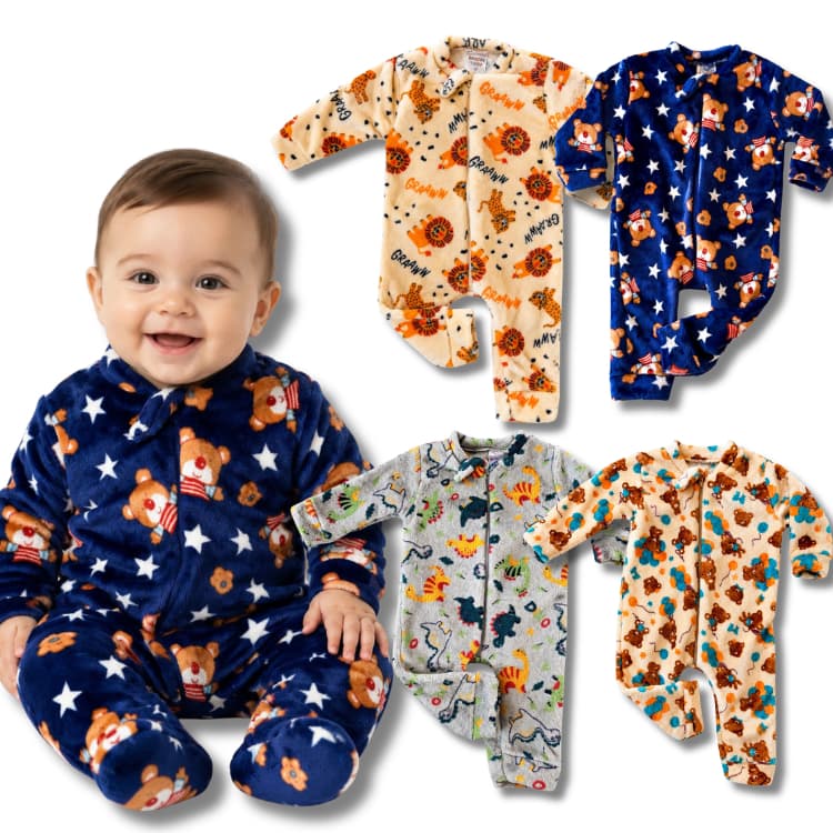 Kit 2 Macacão Peluciado Fleece Menino/Masculino Bebê - Macaquinho Manga Comprida com Zíper Inverno