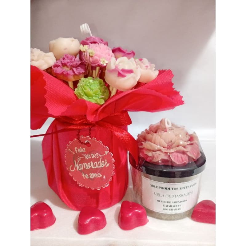 Mini buquê de flores de velas aromáticas mais vela de massagem aromática
