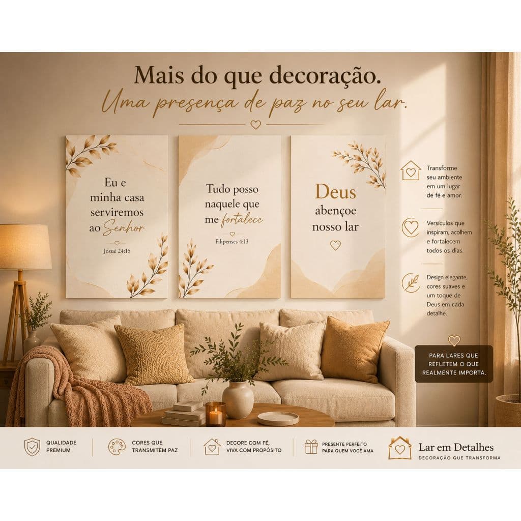 Kit 3 Quadros Decorativos Frases Bíblicas Sala Quarto Sem Moldura MDF