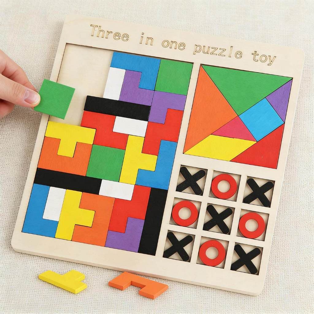 Jogo 3 Em 1 Tetris Arco-Íris Madeira Montessori | Quebra Cabeça 3D Educativo DIY E Jogo Da Velha