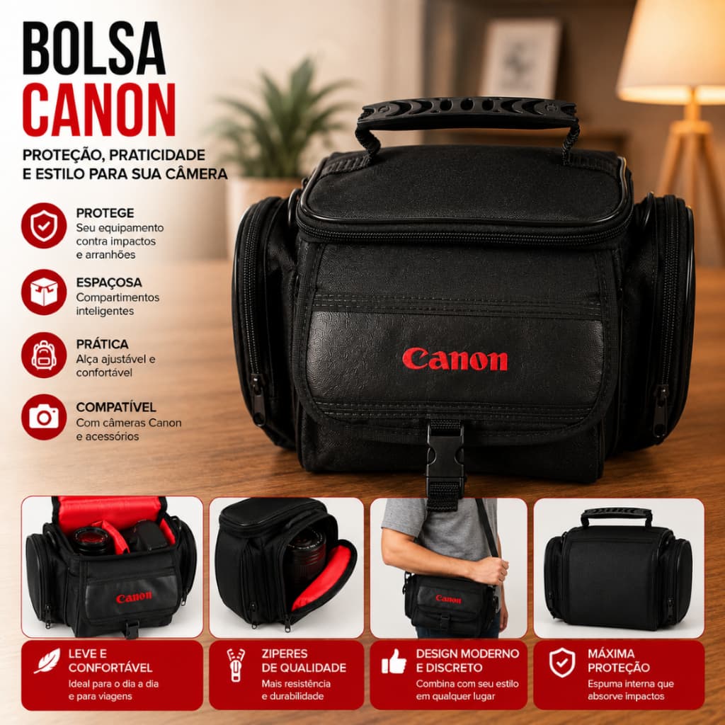 Bolsa Fotográfica Para Câmera Canon e Acessórios Case Bag DSLR T3 T4 T5 T3i T4i T5i T6i T7i T6s T100 Semi Impermeável