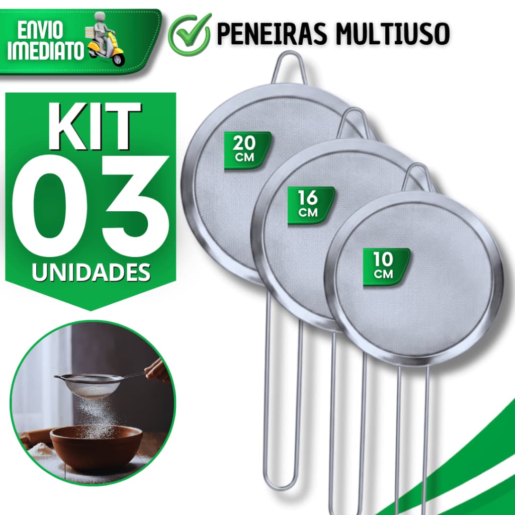 Jogo Peneiras Aço Inox Coador Farinha Suco Confeitaria 20/16/10cm Cozinha Restaurante Utensílios