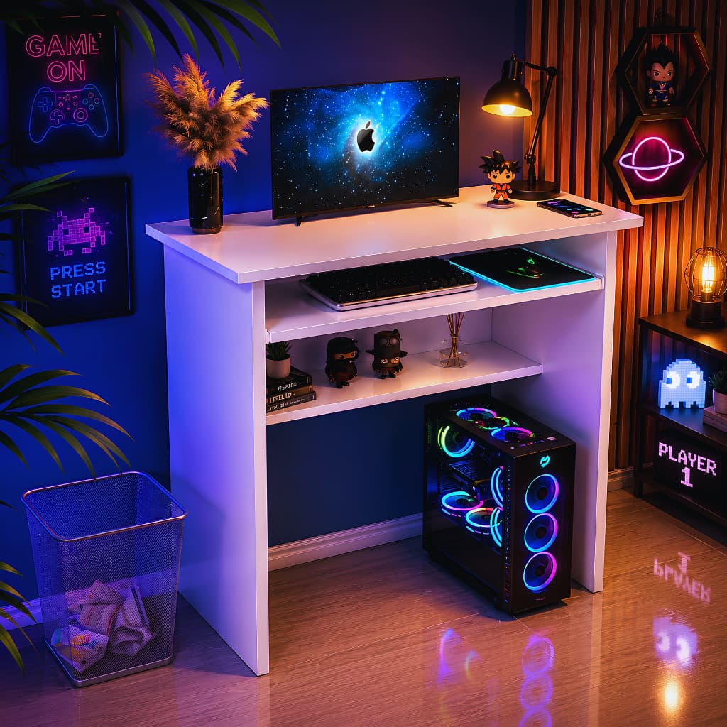 Mesa para Computador Compacta Home Office Com Prateleira Branca 75x60x34cm