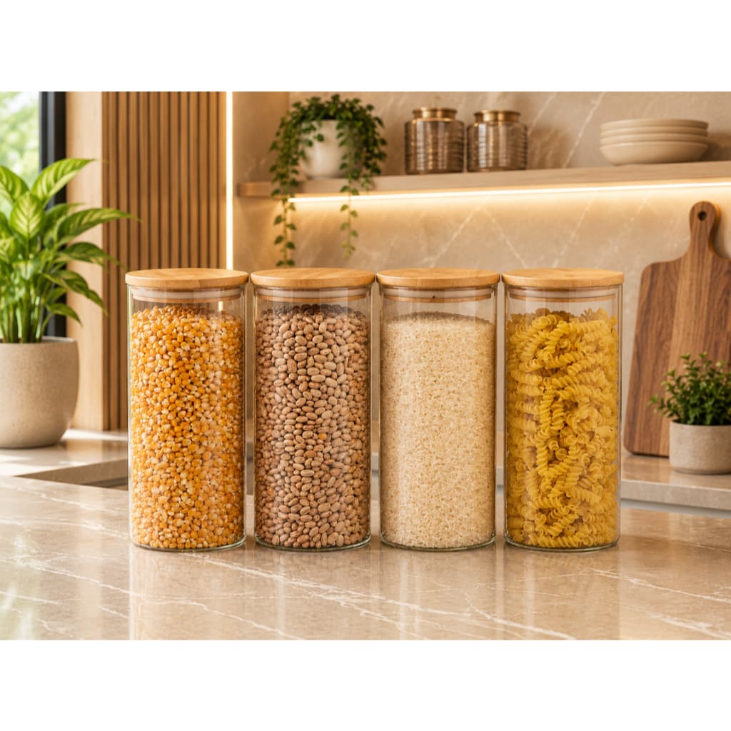 Potes de Vidro com Tampa de Bambu Kit com 4 1650ml Mantimentos Herméticos Oikos Pote Cozinha Alimentos Tempero Redondo