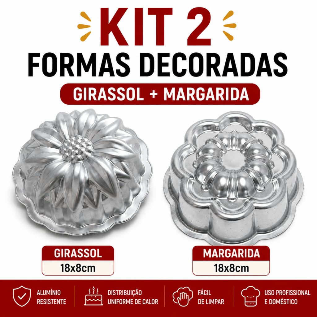 JOGO COM 2 FORMAS DE BOLO DECORADO FLOR E GIRASSOL EXTRA GRANDE EM ALUMINIO