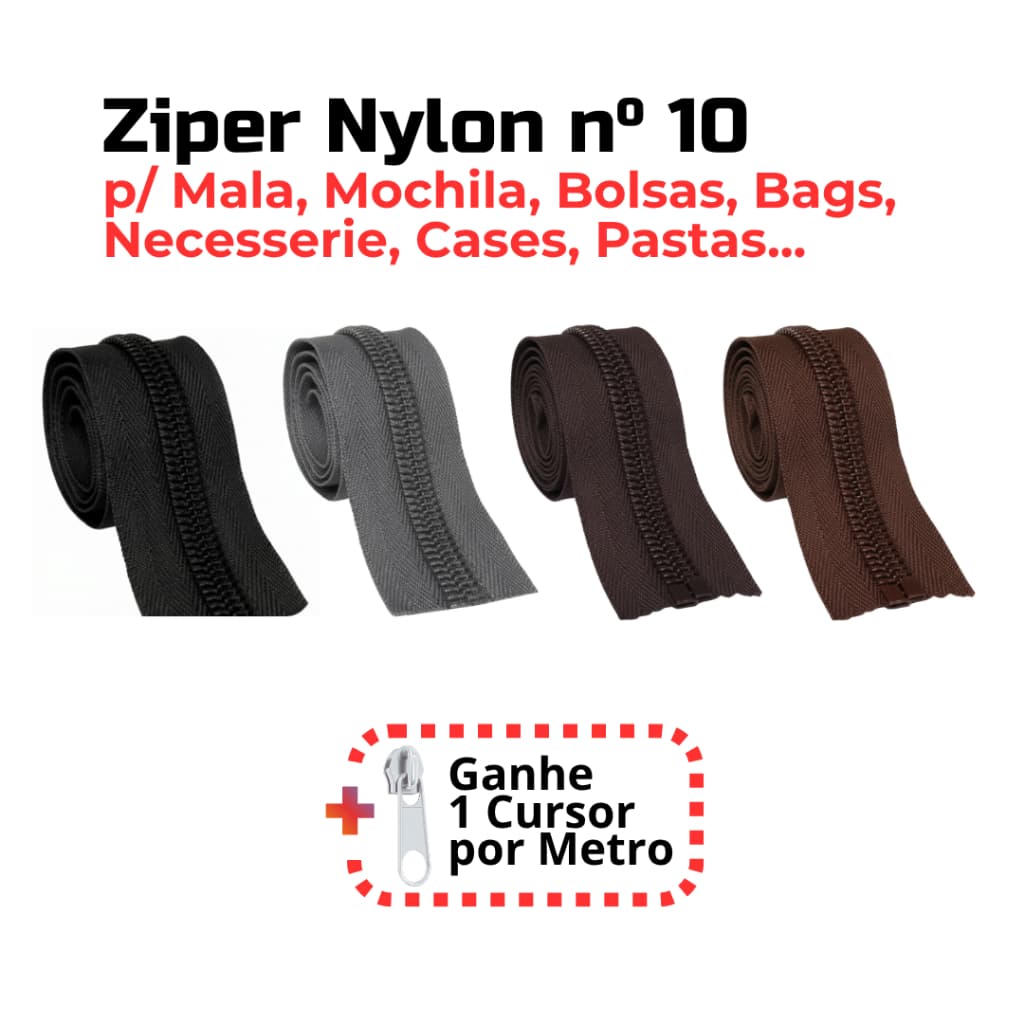 Ziper nº10 para Mala, Bolsa, Mochila, Bags, Necesserie. Cor Preto, Marrom, Café e Cinza