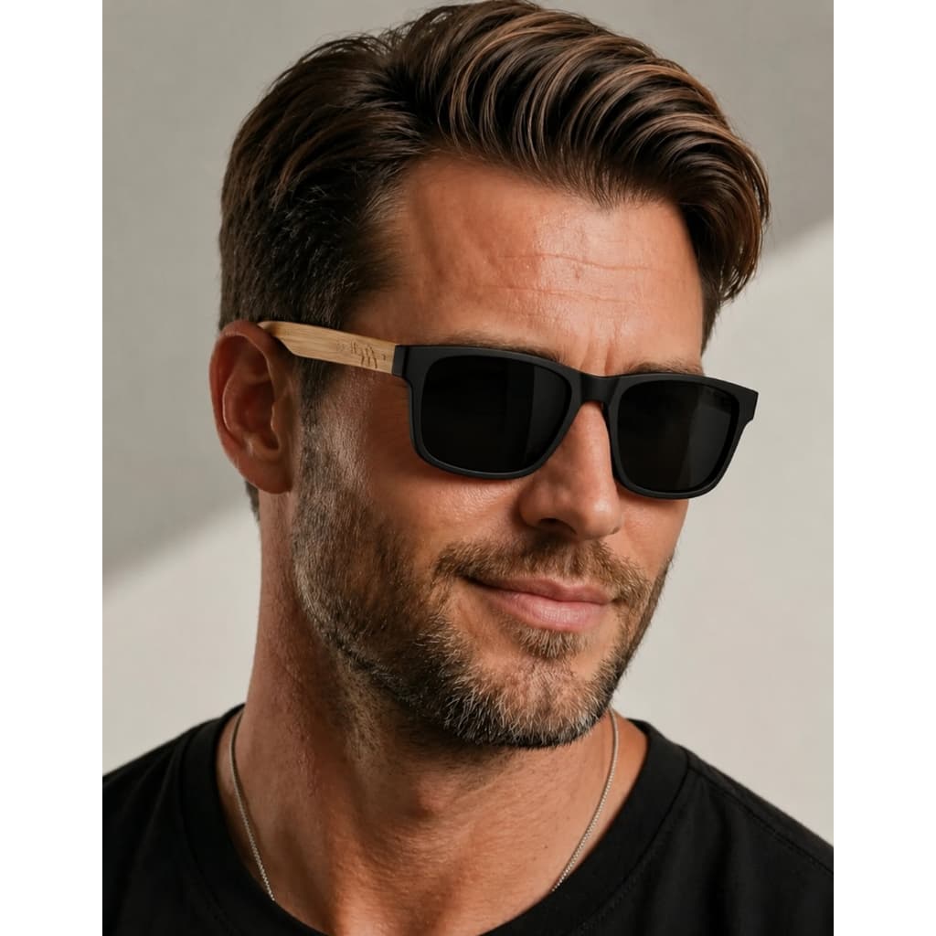 Óculos de Sol Masculino Clássico Square Preto com Haste Estilo Madeira e Proteção UV400