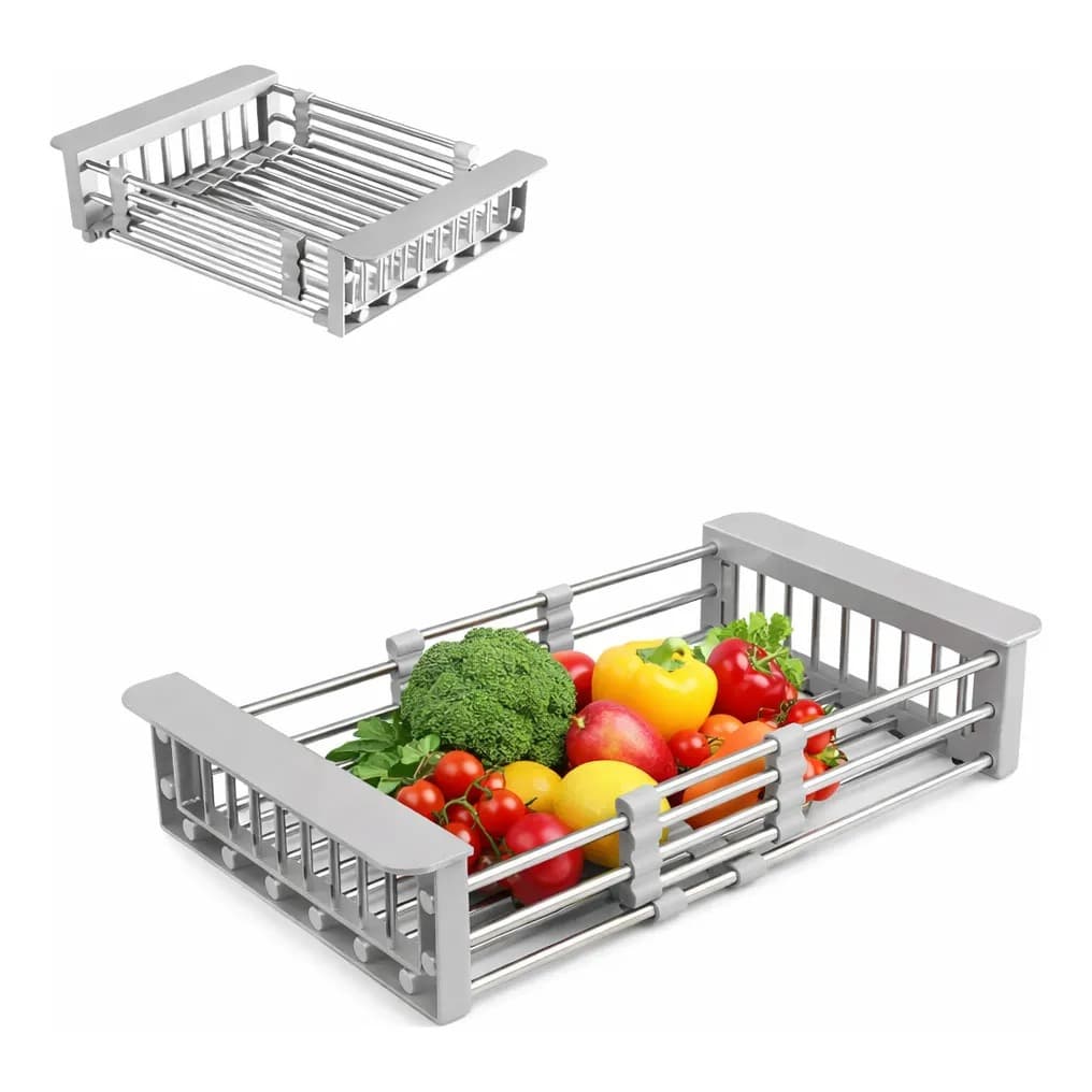 Escorredor Pia Inox Retrátil Ajustável Para Louças, lavador de Frutas, legumes e verduras