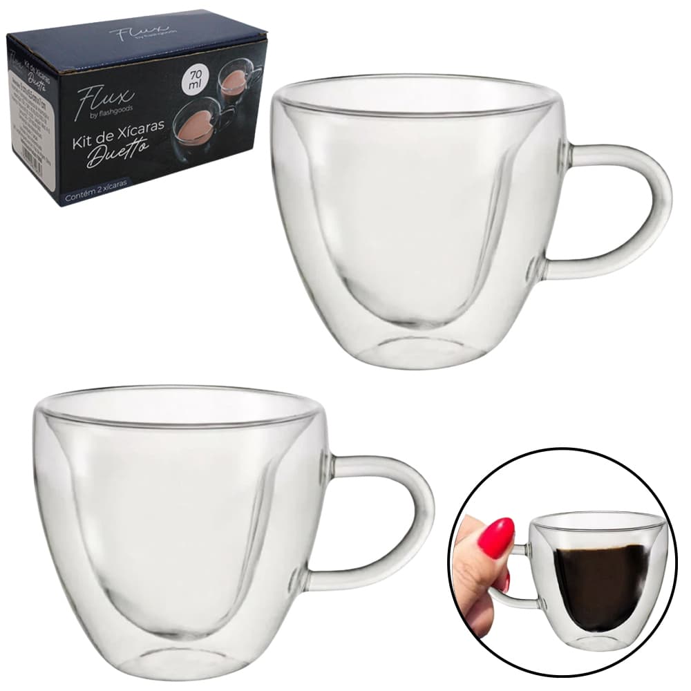 Kit 2 Xícaras De Vidro Borossilicato Coração Duplo Café Capuccino 70ml