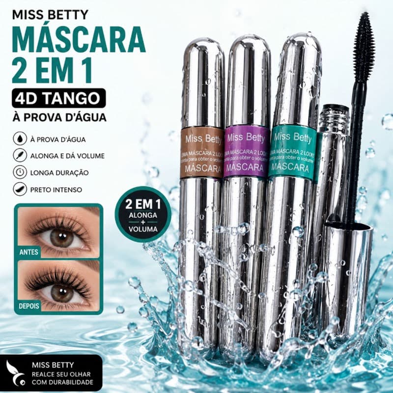 Máscara para cílios a prova d'água Miss Betty 4D cor preto 2 in 1 Tango Waterproof Mascara