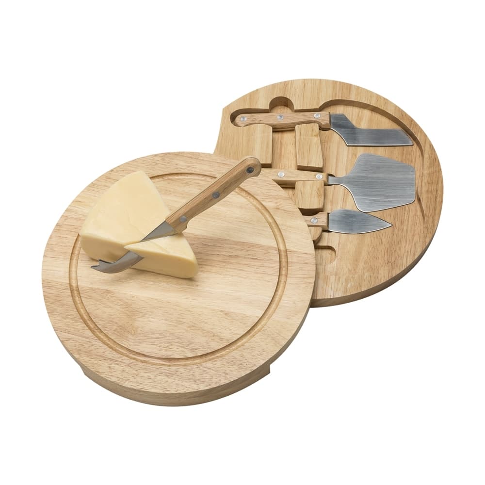 Kit Queijo Premium 5 Peças com Tábua de Bambu Giratória e Facas Inox