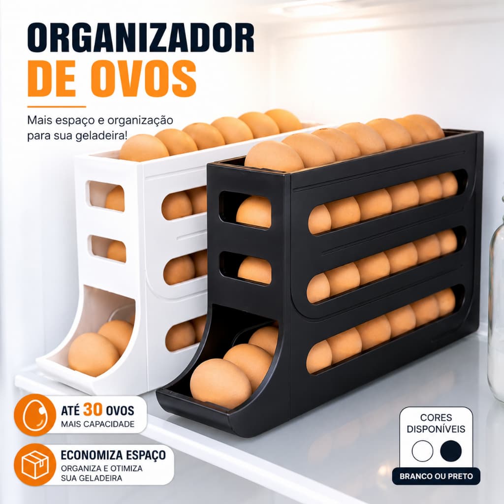 Organizador Porta Ovos Rolante 4 Andares para Geladeira Dispenser Automático até 30 Ovos Plástico