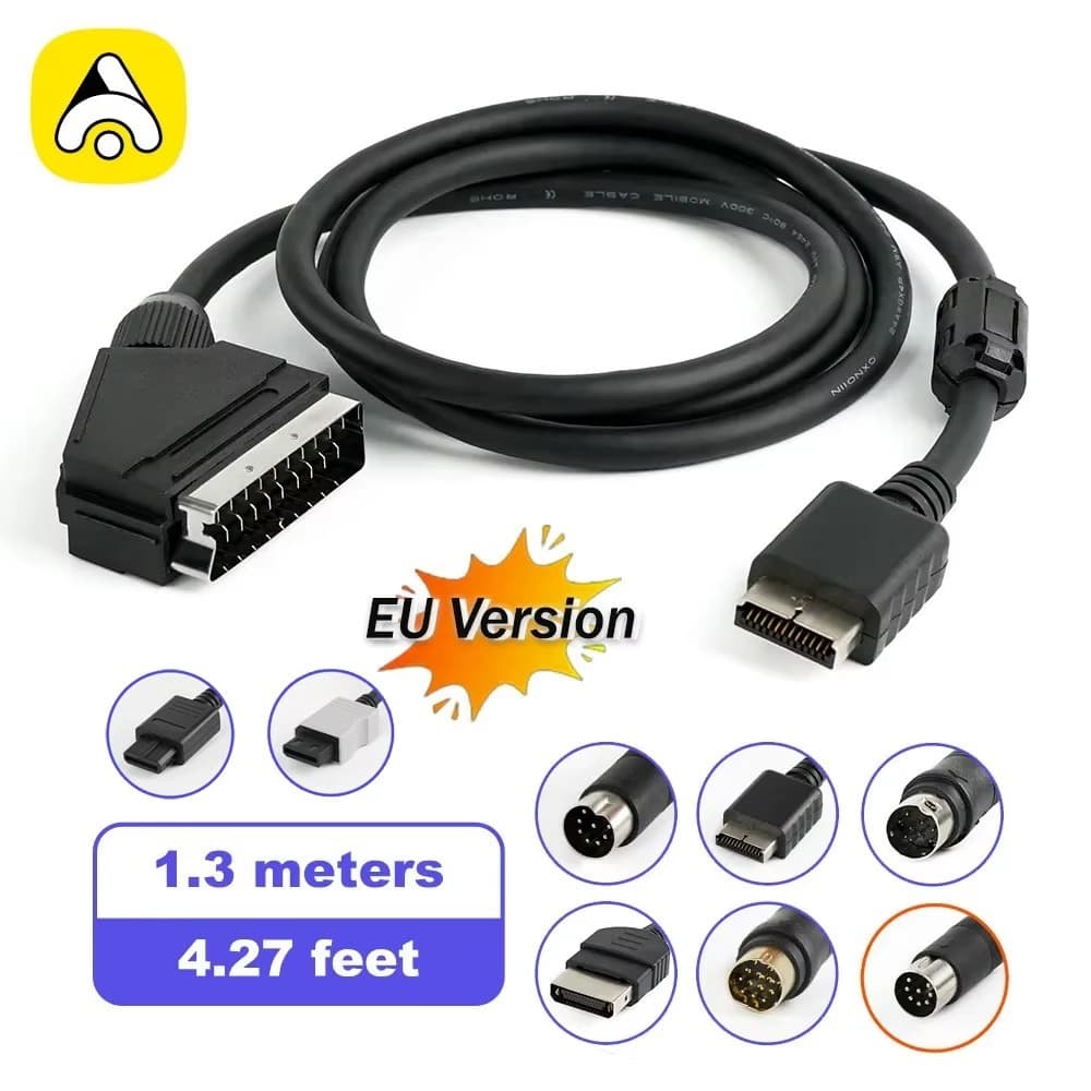 Cabo SCART RGB Premium SYNC (1.3m) | Alta Qualidade Anti-Interferência p/ PS1, PS2, Xbox, SNES, Saturn, OSSC