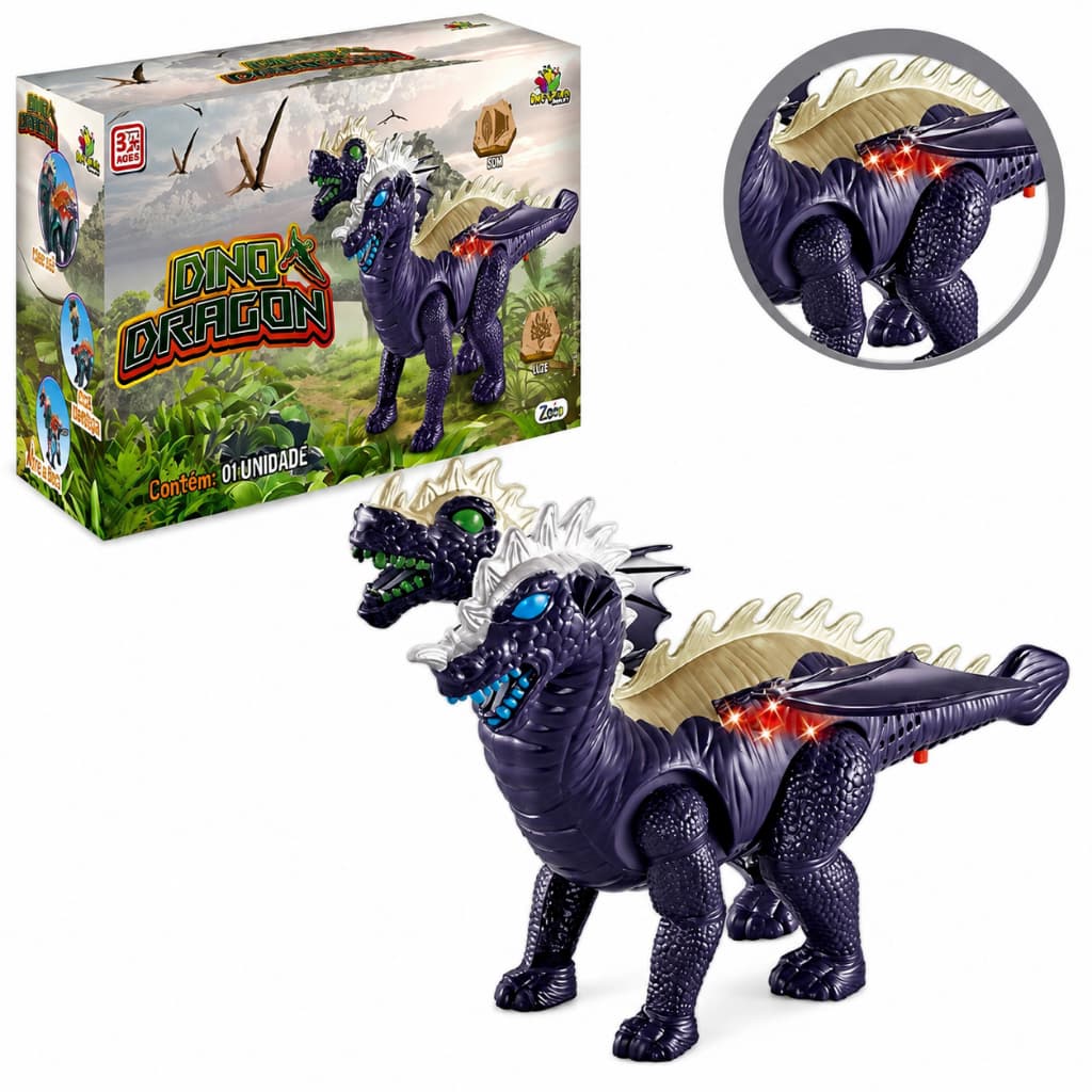 Dragão Dinossauro Dino Dragon Com Luzes e Sons Brinquedo Infantil Articulado 2 Cabeças Pronta Entrega