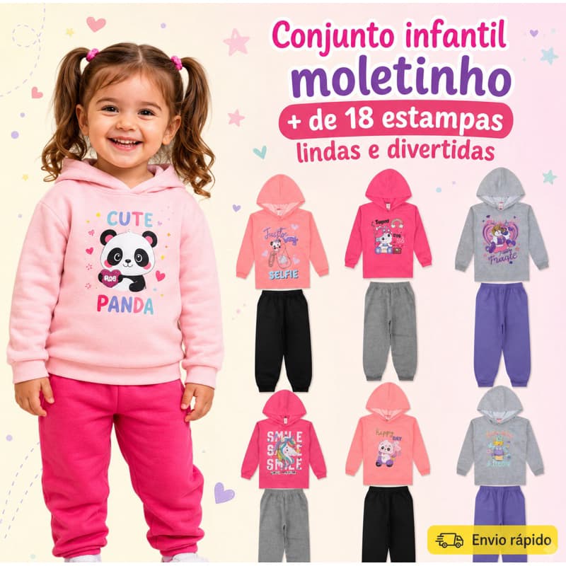 Kit 4 Peças Roupa Moletinho flanelado Infantil Feminina – 2 Conjuntos Menina Inverno Roupa de Frio Estilosa e Quentinha