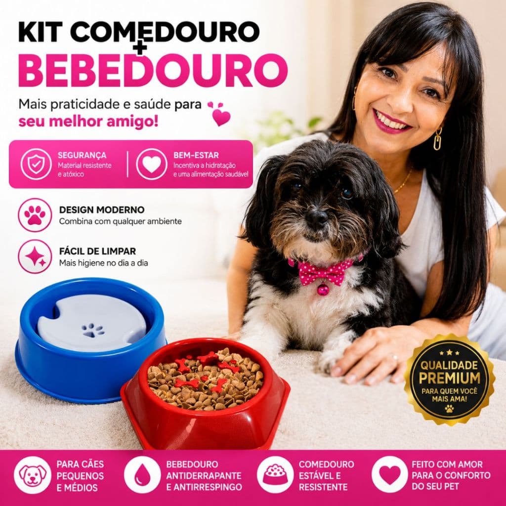 KIT COMEDOURO LENTO ANTI ENGASGO + BEBEDOURO PELOS LONGO 1,5L CACHORRO GATO ALIMENTAÇÃO SAUDÁVEL FUL