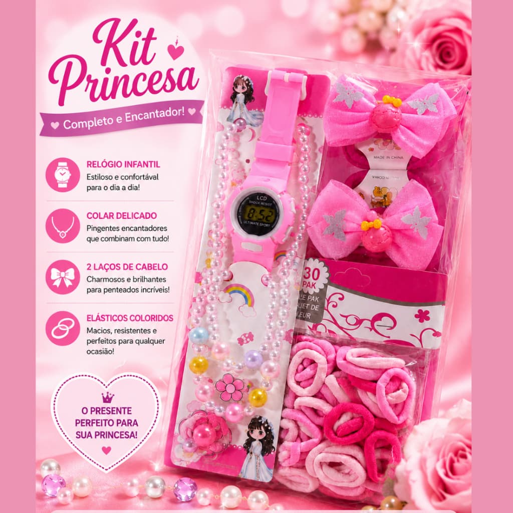 🎁 Kit Princesa Infantil 6 Peças – Relógio, Colar, Pulseira e Acessórios para Cabelo