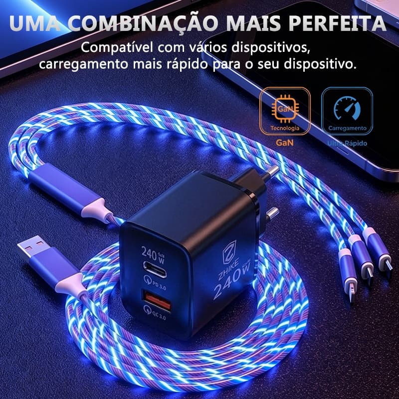 Kit Cabo Carregador Luz Fluida 3 em 1 com GaN Adaptador Tipo C Micro USB iP Carregamento Rápido 1M