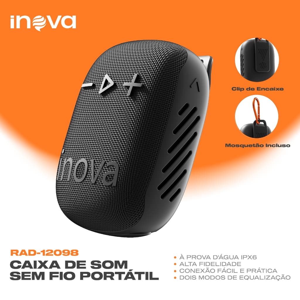 Caixa de Som Portátil Bluetooth INOVA IPX6 À Prova D'água 5W TWS Áudio HIFI Rádio FM Integrado