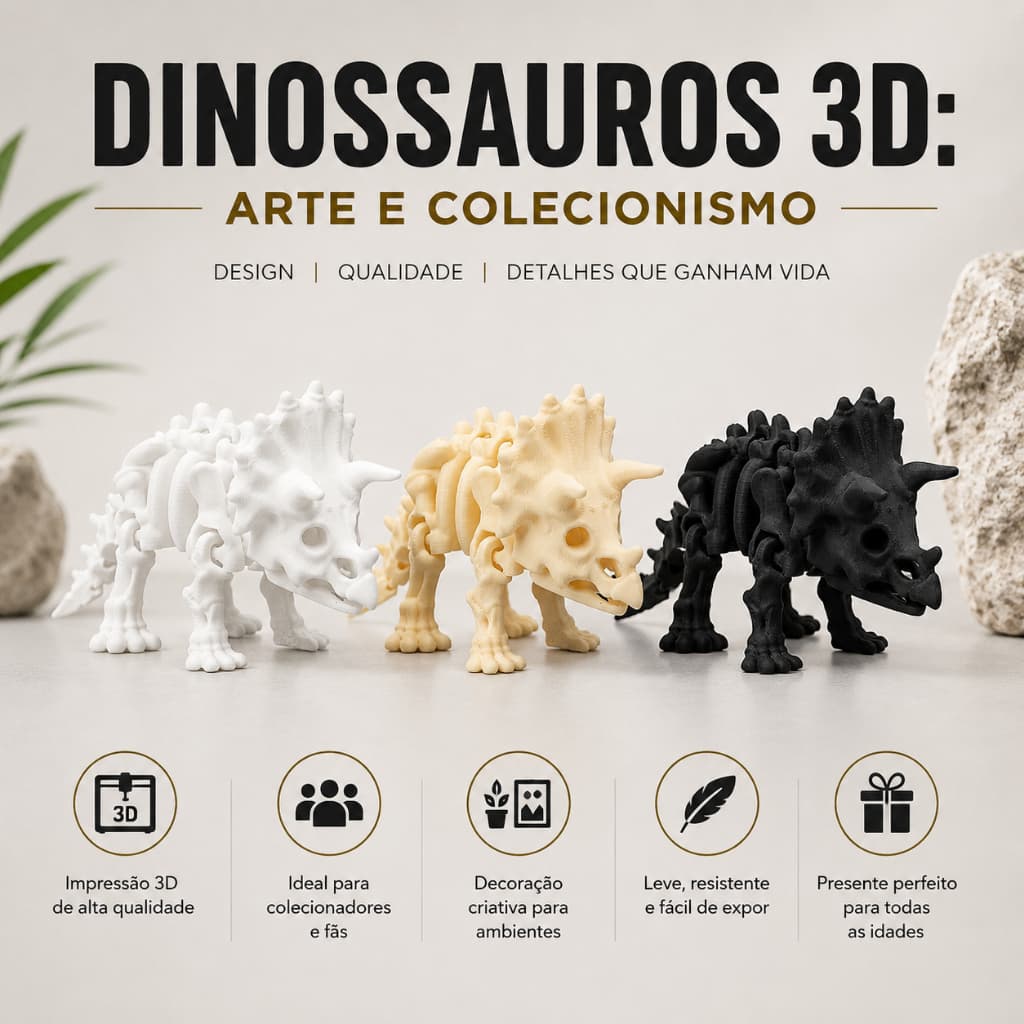Esqueleto Dinossauro Articulado Triceratops Colecionável em Impressão 3D