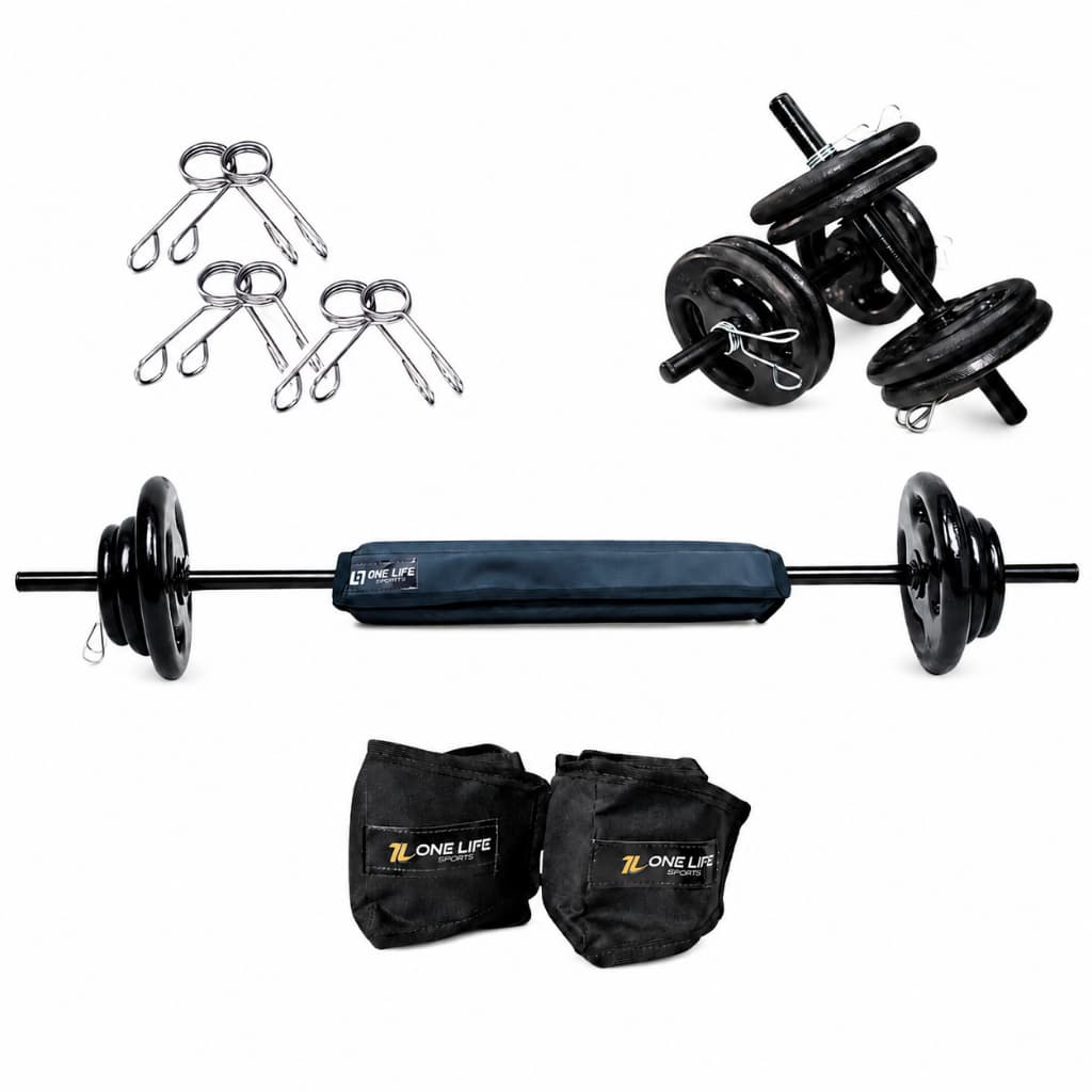 Kit Barra 120cm + 10kg de anilhas Par Barra 40cm Caneleiras 5kg Protetor de Barra Força Calistenia
