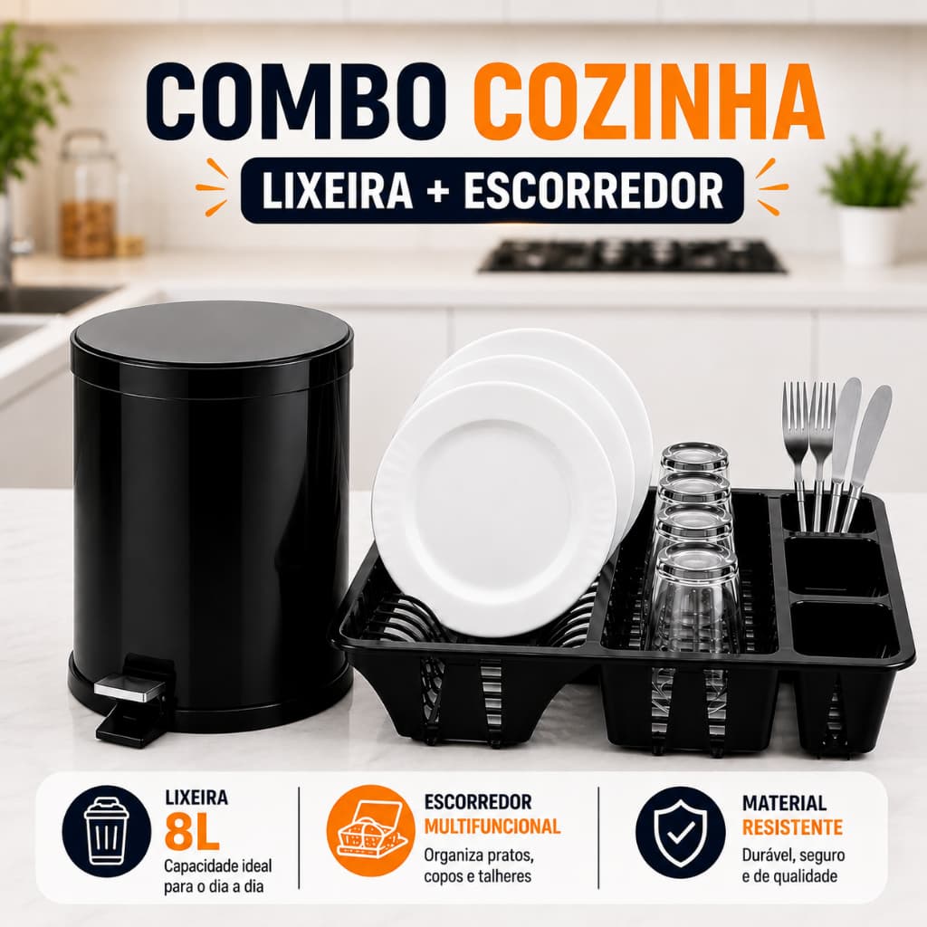 Escorredor de Louça com Lixeira 2L ou 8L Porta Talheres Organizador de Cozinha Prático Resistente